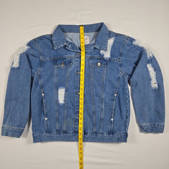 Love Tree Distressed Blue Denim Jacket Women's Size L Ripped Casual Button-Up - Picture 9 of 16